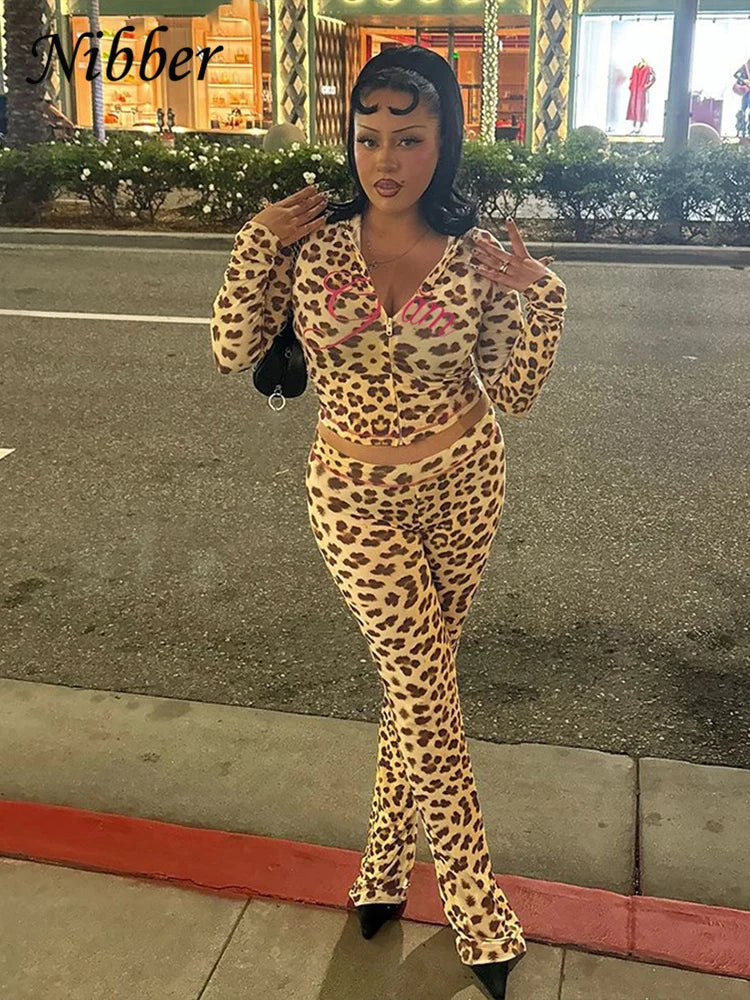 Women's Crop Hoodie & Flared Pants | Leopard Print Set | Camo Colors