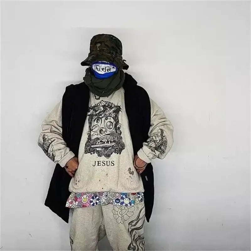 Vintage Graffiti Print Fleece Hoodie – Street Style | Camo Colors