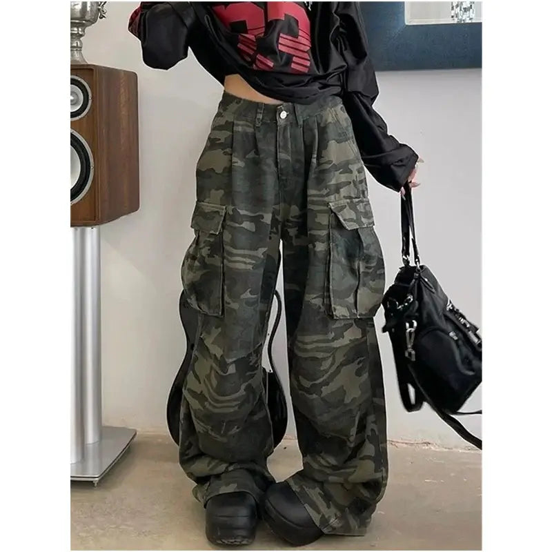 Women’s High-Waist Military Green Baggy Jeans – Y2K Vintage | Camo Colors