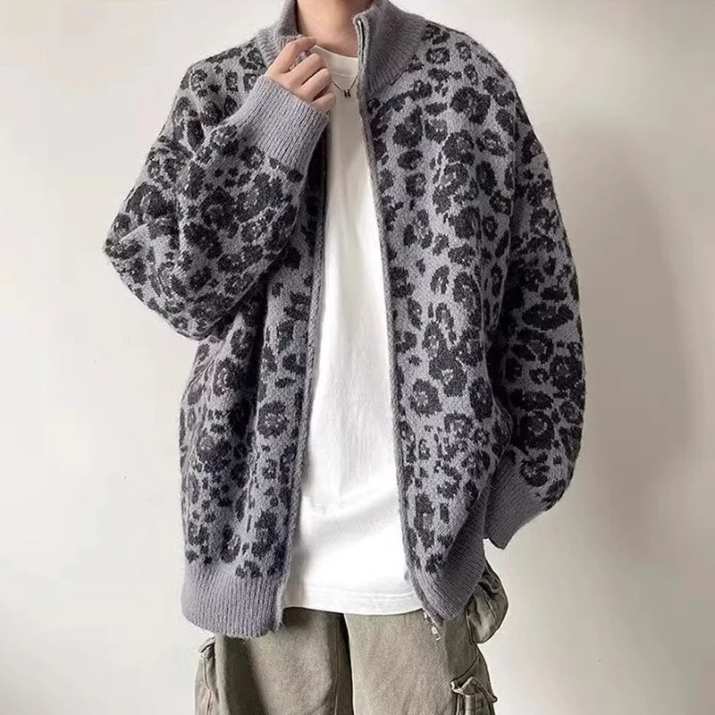 Men's Leopard Knit Jacket with Stand Collar | Camo Colors