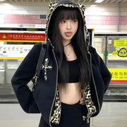 Y2K Retro Gothic Leopard Print Zip Hoodie – Harajuku Casual Top | Camo Colors