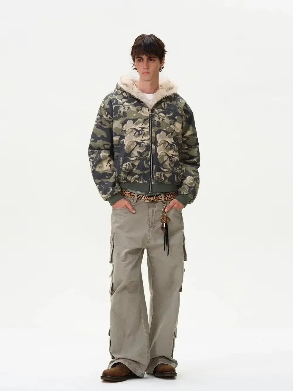 Unisex Fur Collar Camouflage Hooded Puffer Jacket | Casual Loose Fit Camo Colors