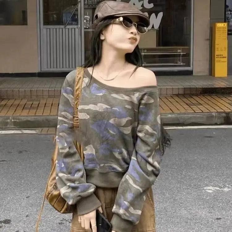 Off-Shoulder Camouflage Harajuku Cropped Sweatshirt for Women | Camo Colors