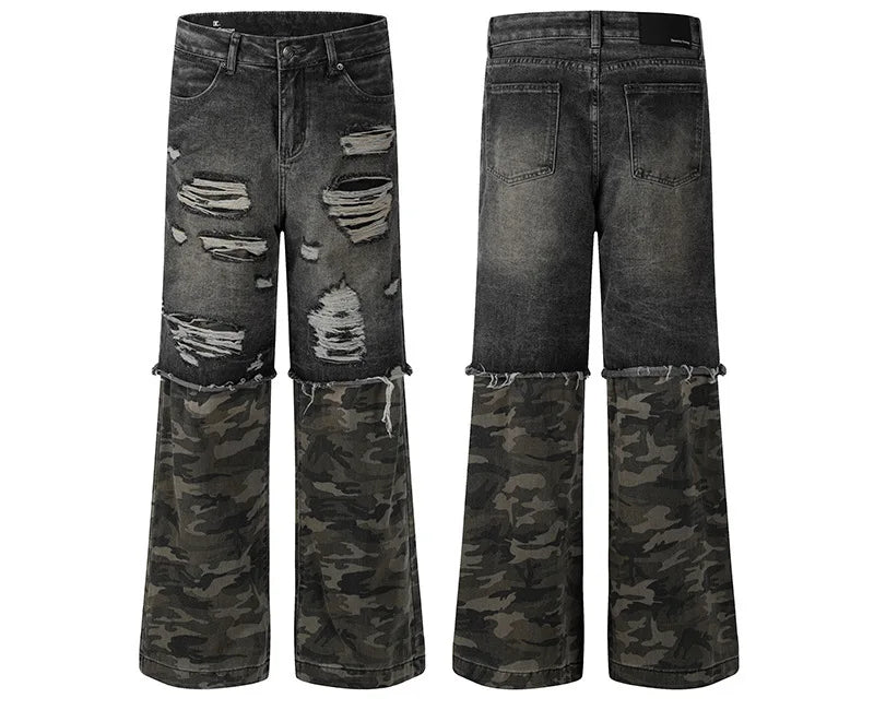 American Street Design Camouflage Splicing Jeans PFNW | Camo Colors