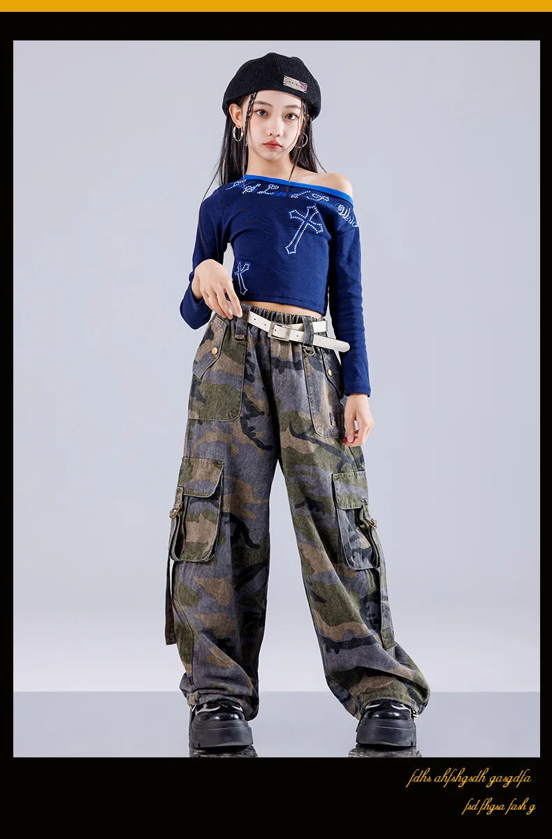 Girls' Hip-Hop Crop Top Camouflage Cargo Pants – Streetwear Style | Camo Colors