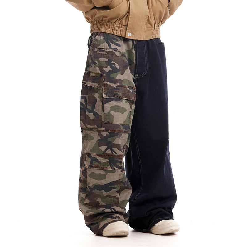 Men’s Vintage Camouflage Spliced Wide-Leg Cargo Pants | Camo Colors