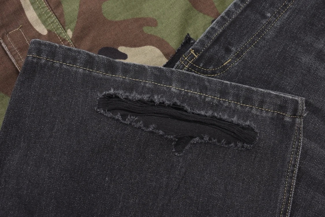 Men's Vintage Washed Camo Spliced Wide-Leg Jeans | Camo Colors