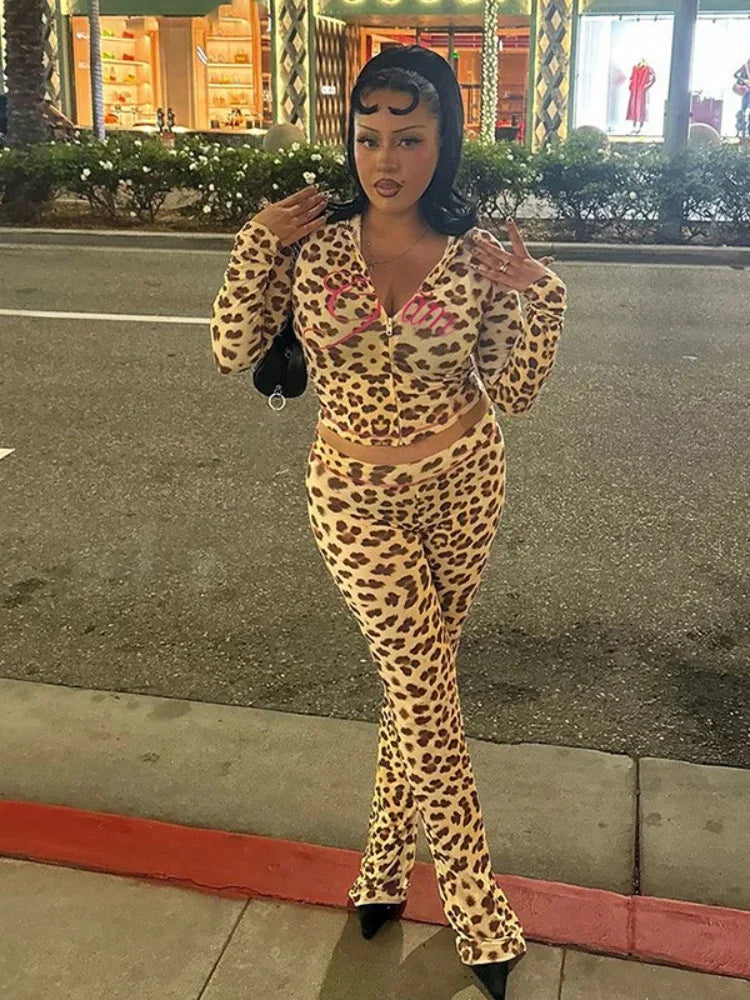 Leopard Letter Print 2-Piece Tracksuit – Crop Hoodie & Flare Pants | Camo Colors