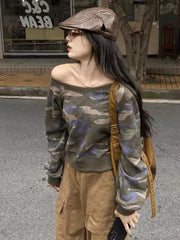 Off-Shoulder Camouflage Harajuku Cropped Sweatshirt for Women | Camo Colors