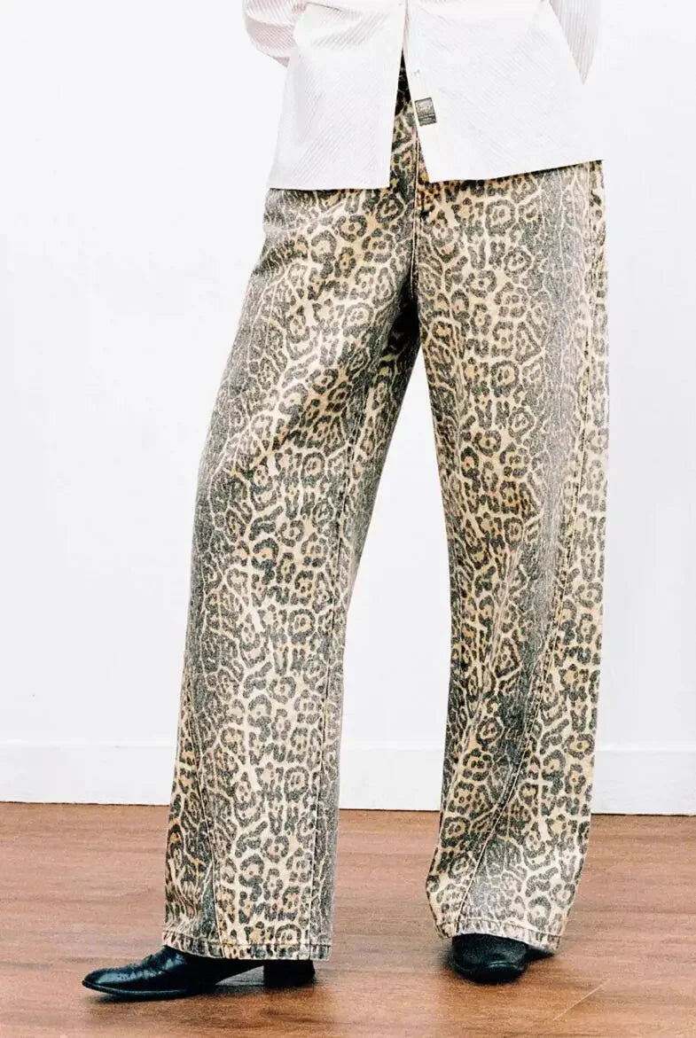 Women’s Retro Leopard Print Wide Leg Jeans | Y2K Hip-Hop Style | Camo Colors
