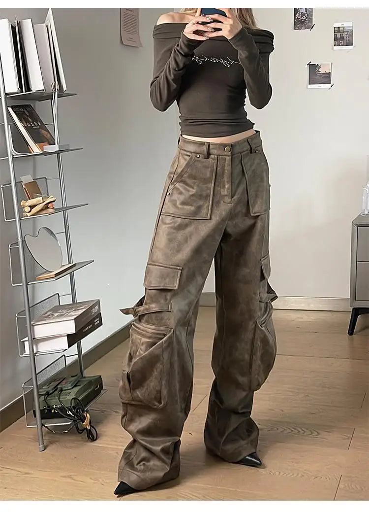 Y2K Baggy Faux Leather Cargo Pants – High Street Vibes | Camo Colors