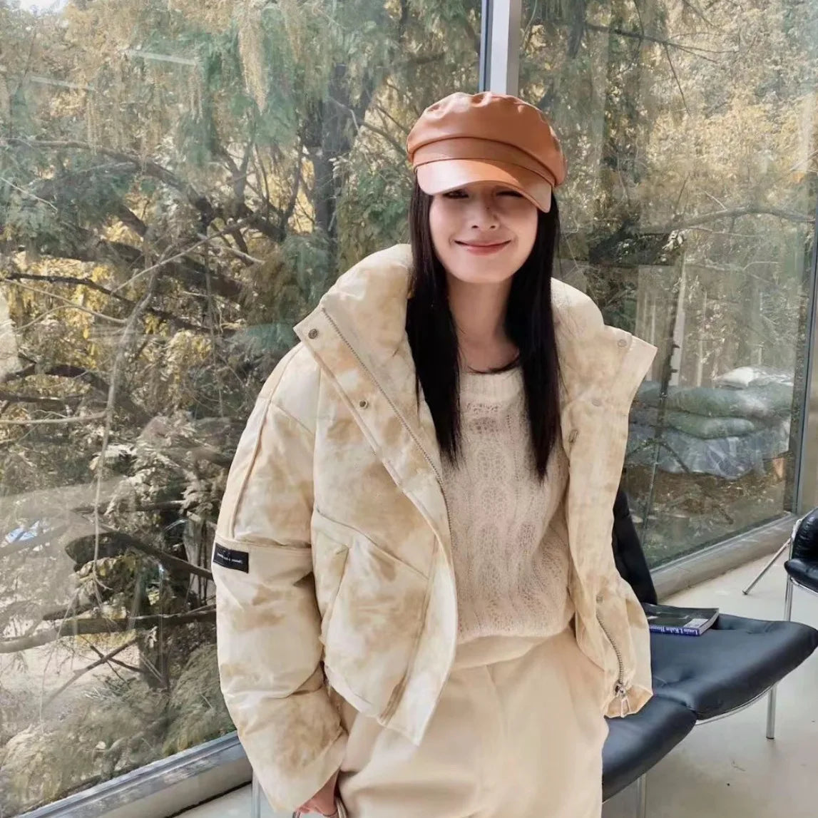 Women's Tie-Dye Short Stand Collar Down Jacket Camo Colors