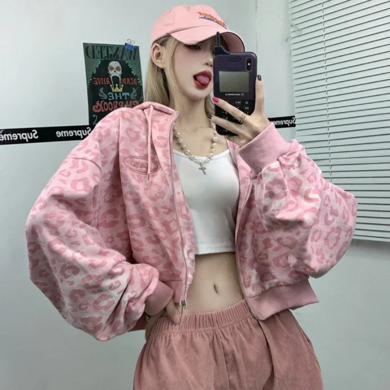 Streetwear Leopard Print Crop Hoodie – Oversized Pink Harajuku Style | Camo Colors