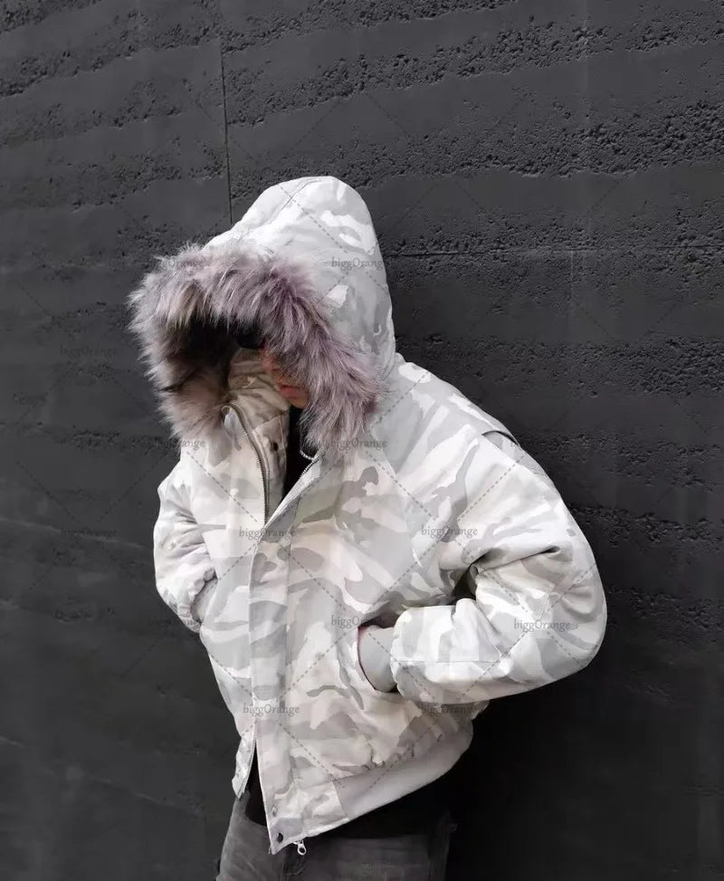 Harajuku Camo Bomber Jacket with Fur Collar Warm Coat Men Camo Colors