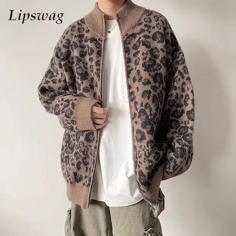 Men's Leopard Knit Jacket with Stand Collar | Camo Colors