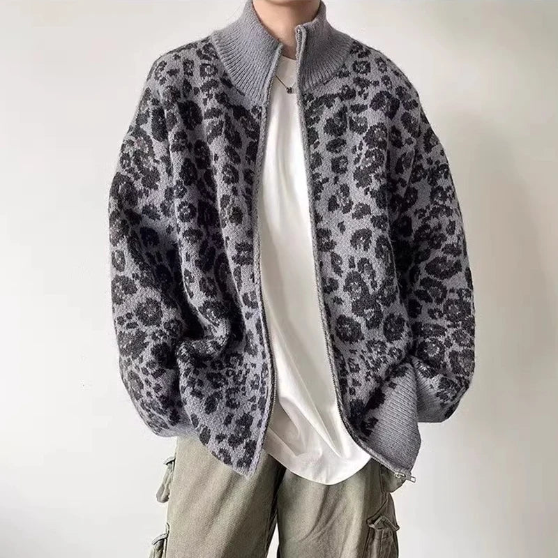 Men's Leopard Knit Jacket with Stand Collar | Camo Colors
