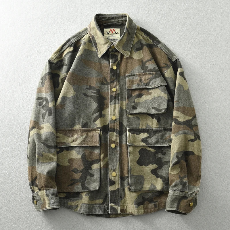 Men’s Washed Camo Cargo Jacket – Heavy-Duty Multi-Pocket Coat | Camo Colors