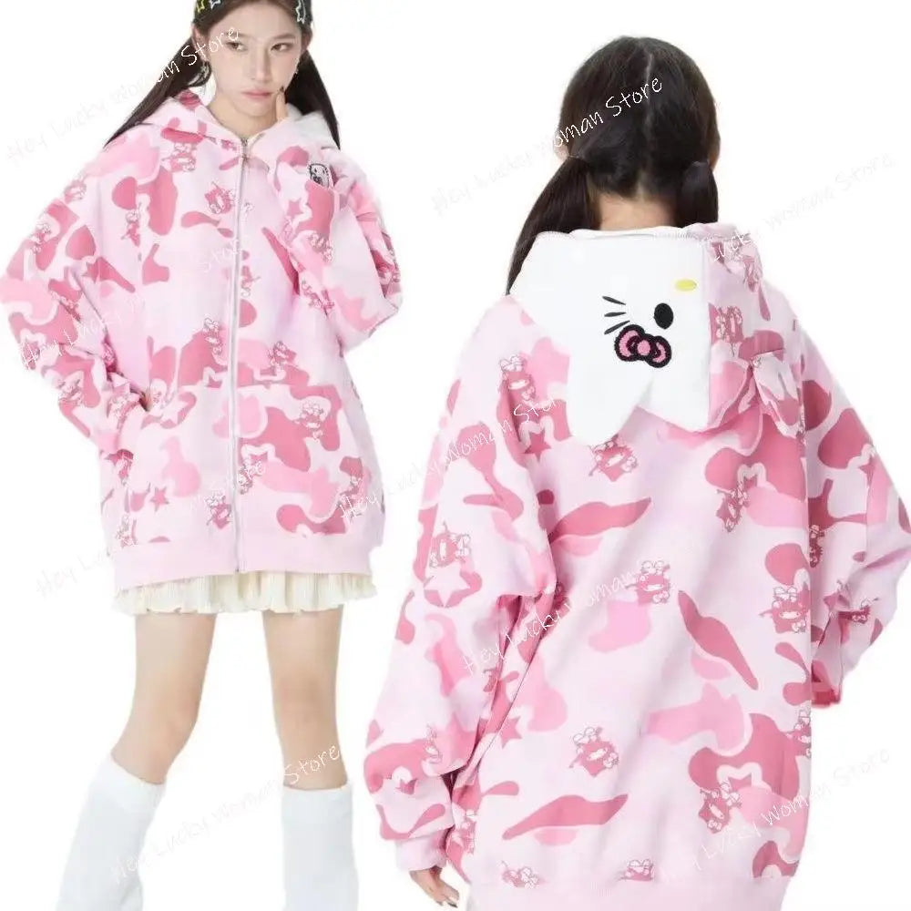 Anime Couple Outfit Cotton Cute Cardigan Jacket – Hello Kitty Hoodie | Camo Colors