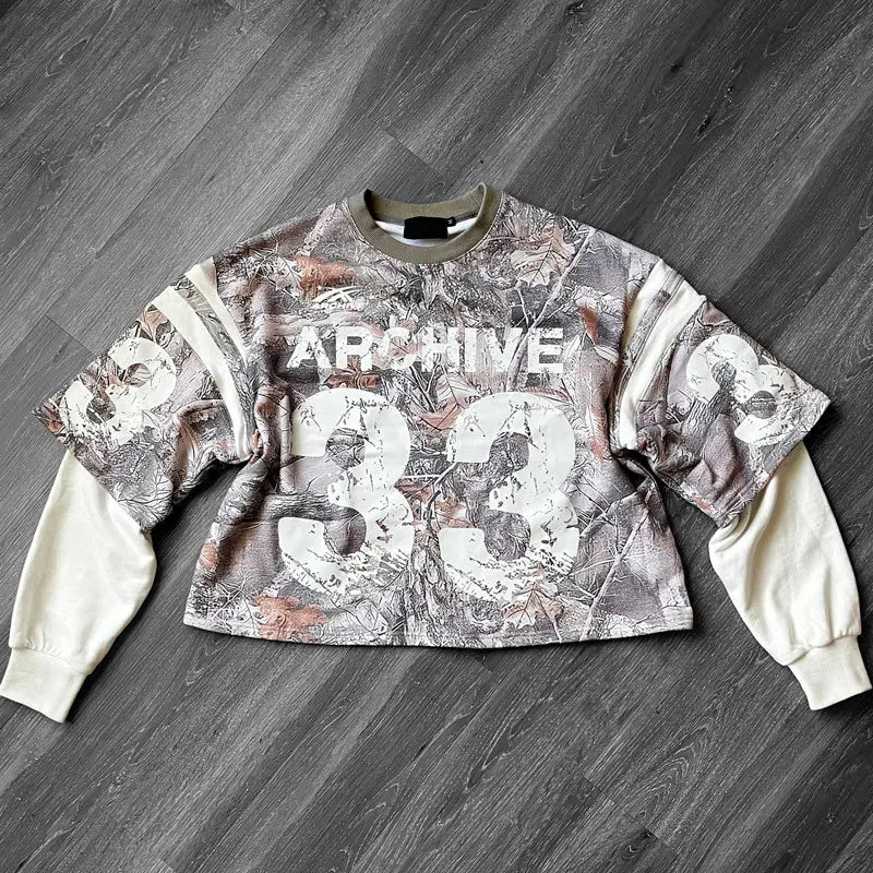 American Y2K Camo T-Shirt Women's Splicing Lettered Long Sleeve Camo Colors