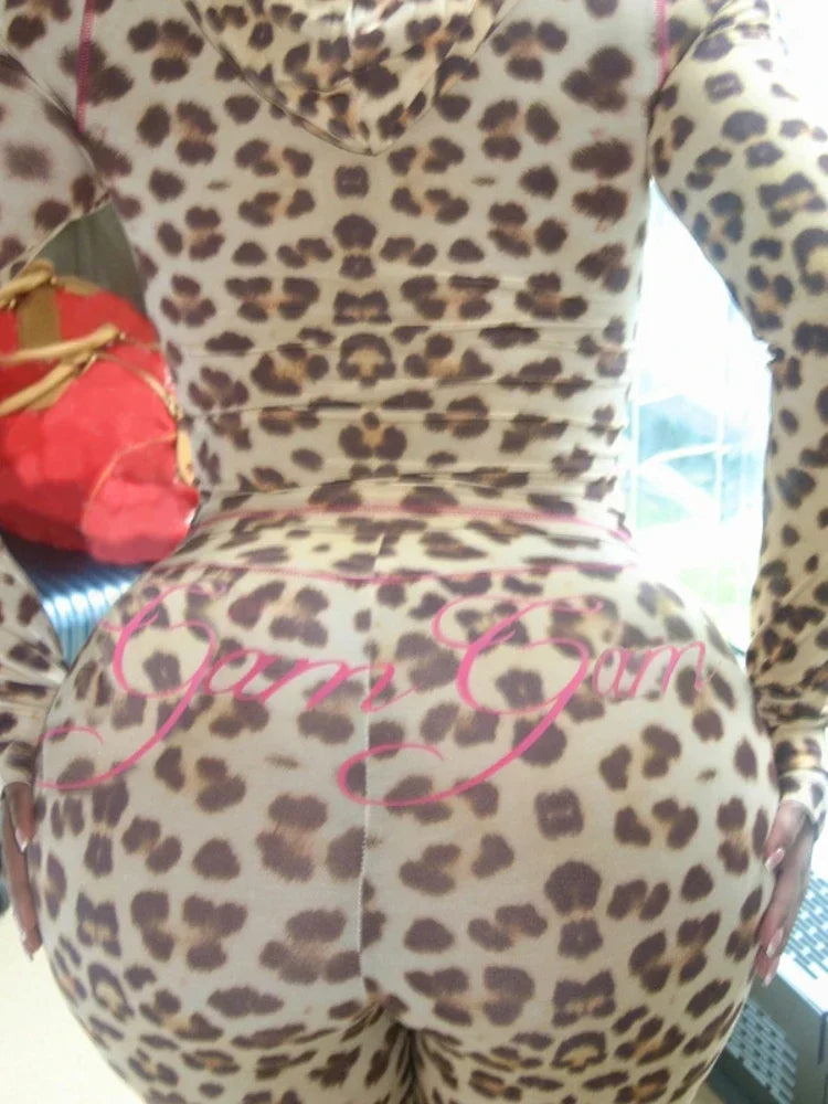 Leopard Letter Print 2-Piece Tracksuit – Crop Hoodie & Flare Pants | Camo Colors