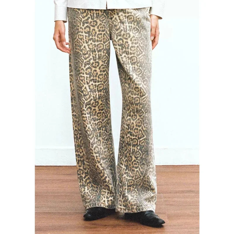 Women’s Retro Leopard Print Wide Leg Jeans | Y2K Hip-Hop Style | Camo Colors
