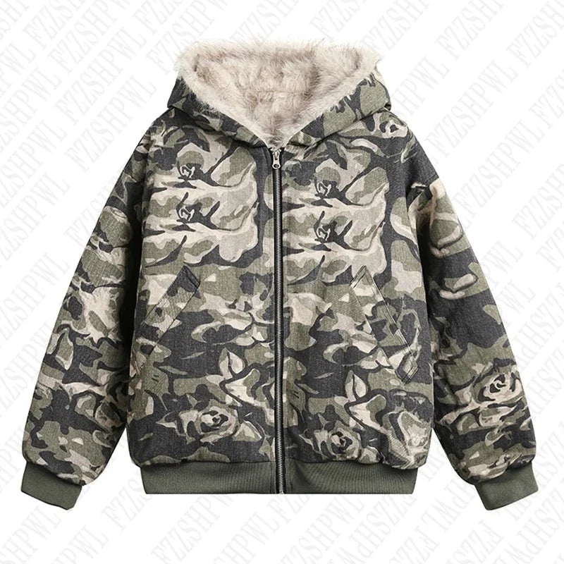 Y2K Oversized Camo Zip-Up Hoodie – Grunge Streetwear | Camo Colors