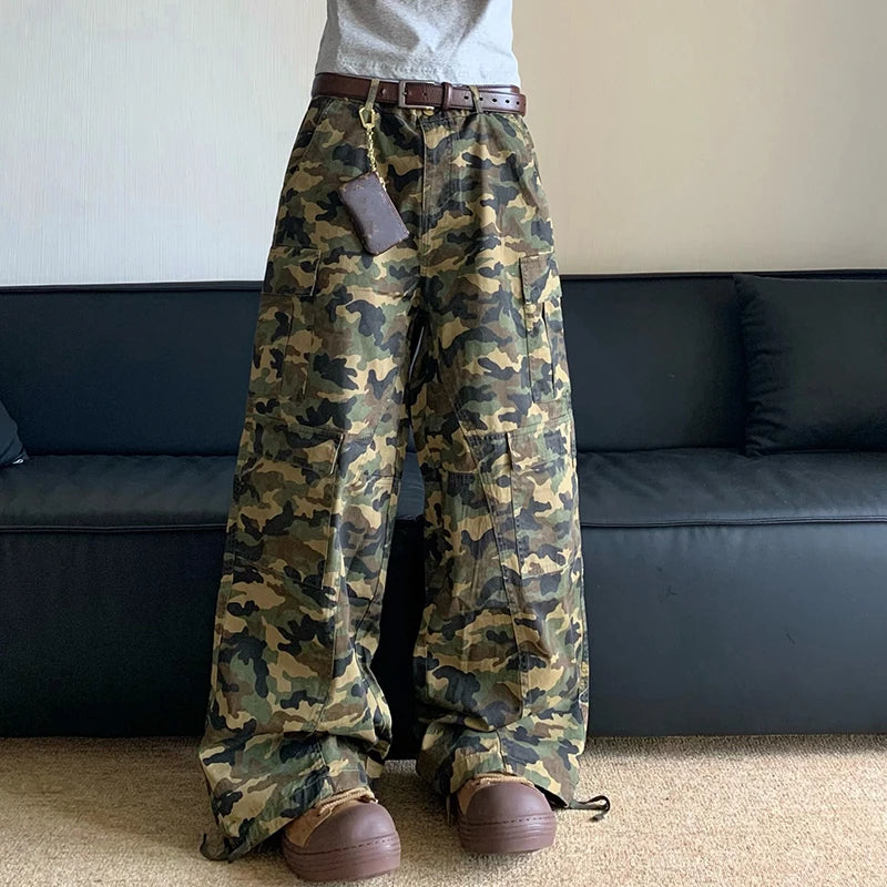 American Camo Workwear Pants Men Loose Straight Wide-Leg Camo Colors