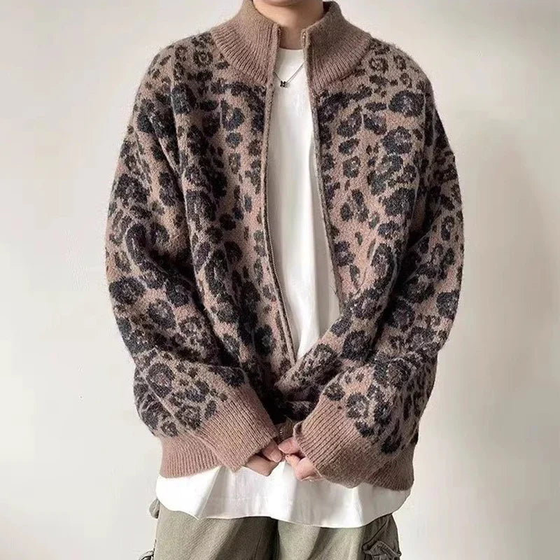 Men's Leopard Knit Jacket with Stand Collar | Camo Colors