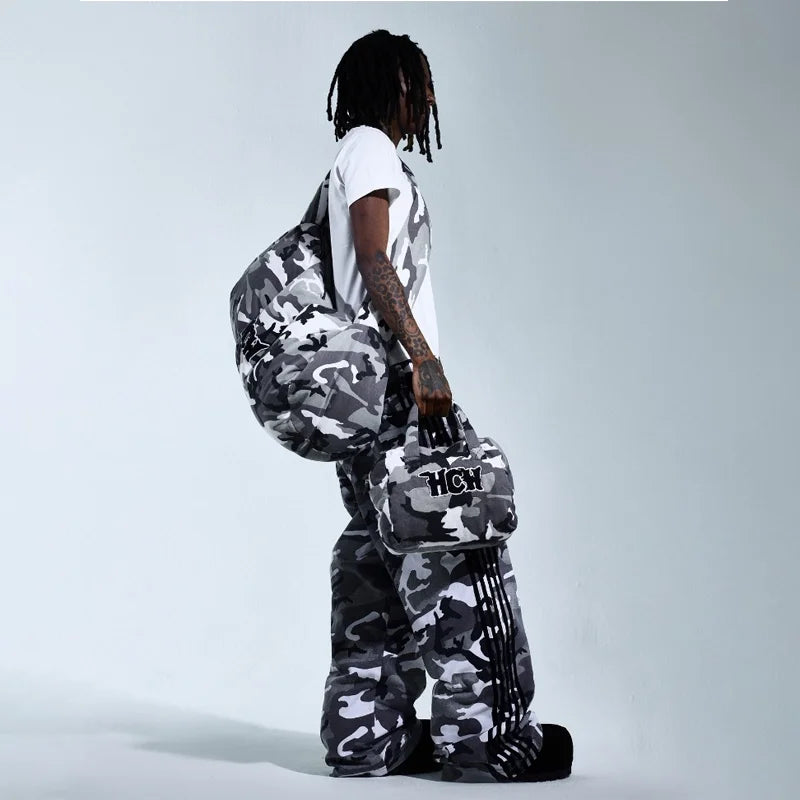 Y2K Embroidered Striped Camo Cargo Jeans Men Women Wide-Leg Camo Colors