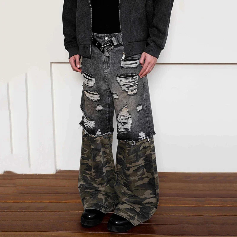 American Street Design Camouflage Splicing Jeans PFNW | Camo Colors