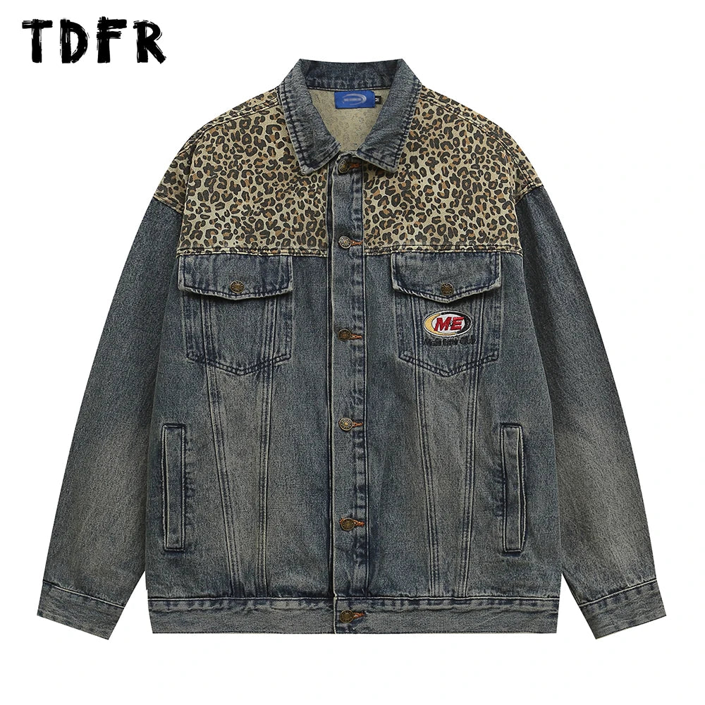 Leopard Print Spliced Denim Jacket for Men – Retro Casual Streetwear | Camo Colors