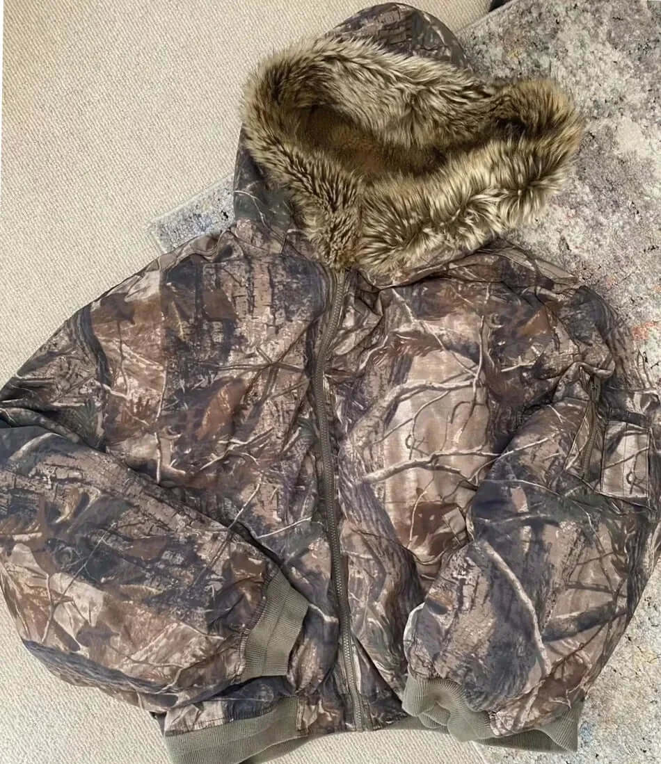 Women's Camouflage Bomber Jacket with Faux Fur Hood | Camo Colors