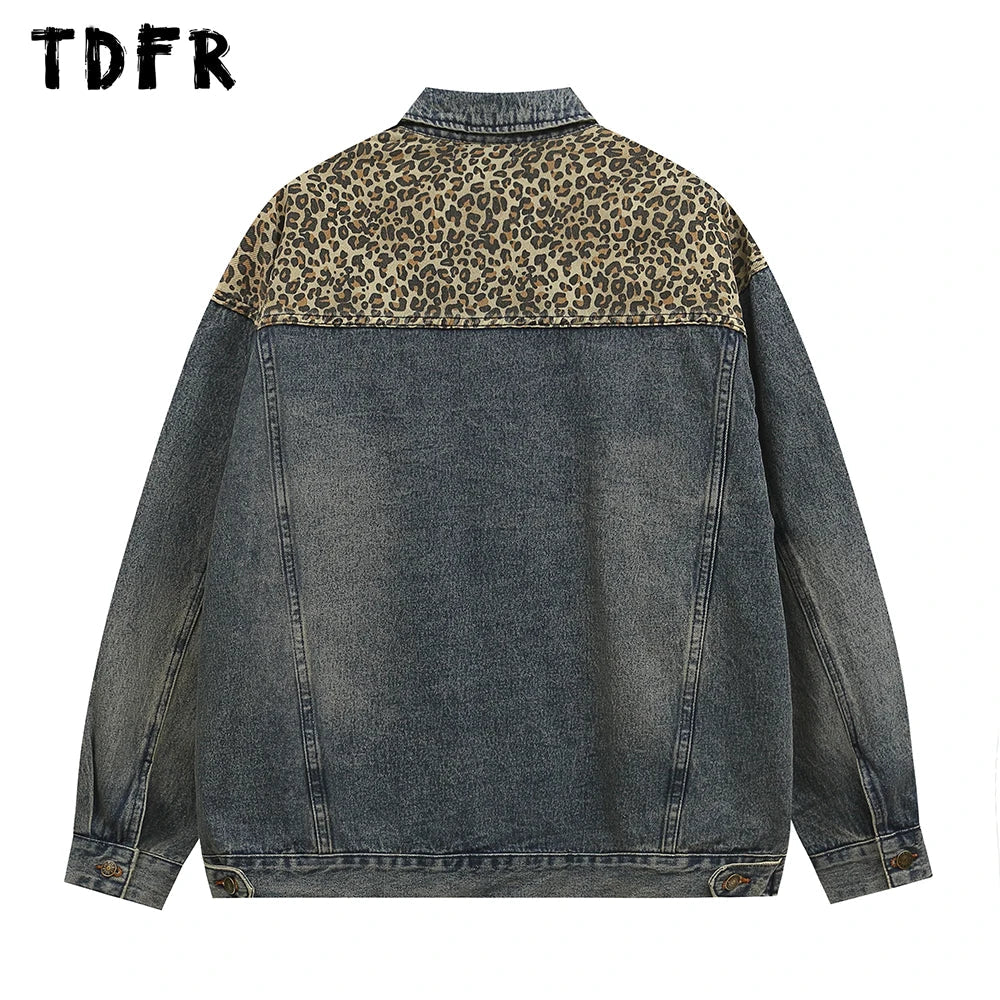 Leopard Print Spliced Denim Jacket for Men – Retro Casual Streetwear | Camo Colors