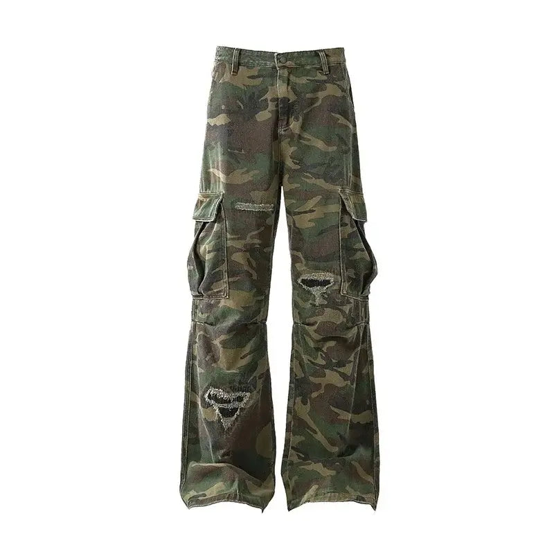 Trendy Men's Women's American Style Pure Wilderness Ripped Camouflage Pants Casual Cargo Pants Loose Fit Vibe Leisure Pants | Camo Colors