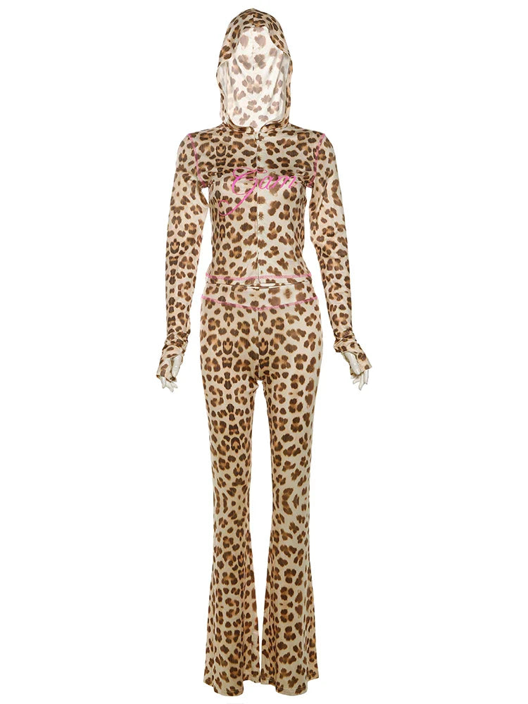 Women's Crop Hoodie & Flared Pants | Leopard Print Set | Camo Colors