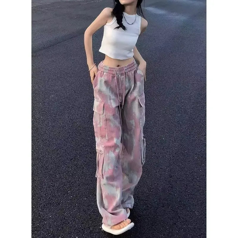 Y2K Pink Camo Wide-Leg Cargo Pants – Streetwear Vibes | Camo Colors