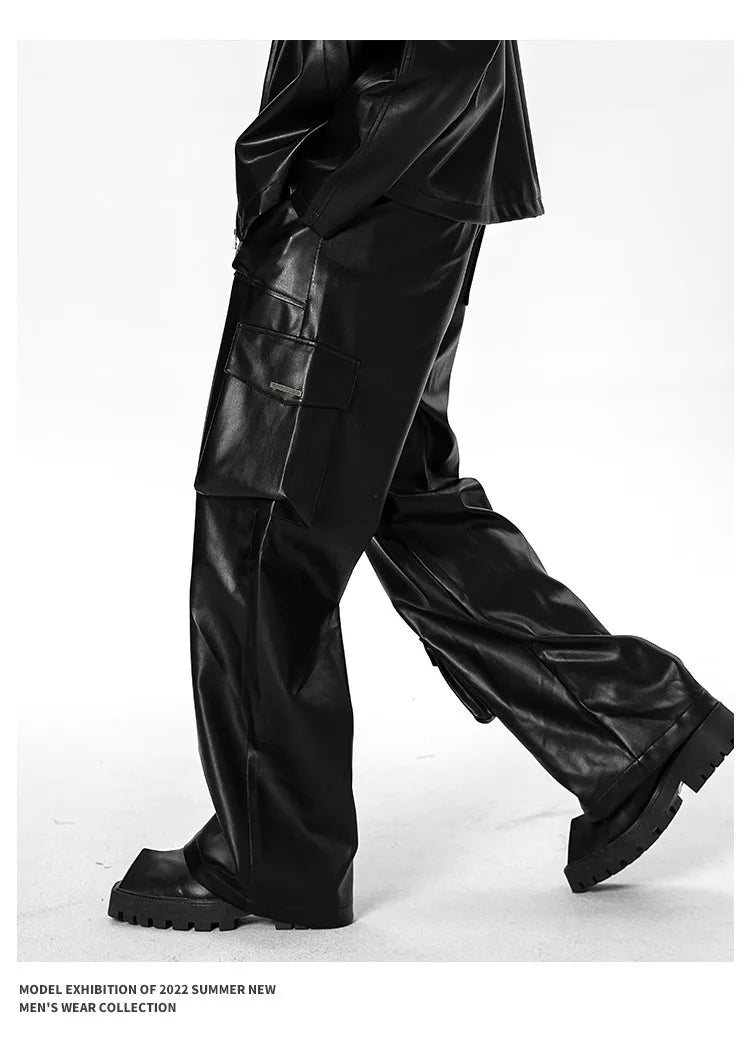 New Men’s Multi-Pocket Cargo Pants Hip-Hop Punk Leather Trousers Camo Colors
