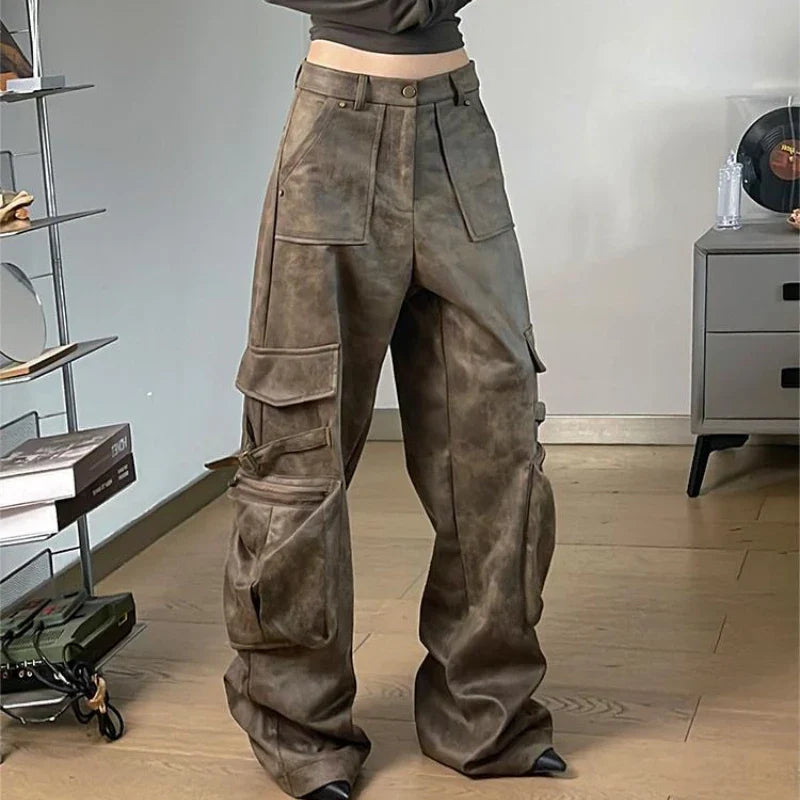 Y2K Baggy Faux Leather Cargo Pants – High Street Vibes | Camo Colors