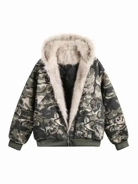 Women's Camouflage Bomber Jacket with Faux Fur Hood | Camo Colors