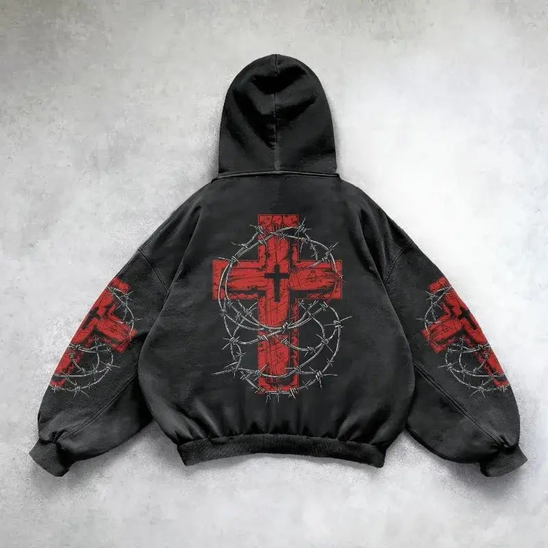 Y2K Gothic Cross Print Hoodie – Streetwear Style | Camo Colors
