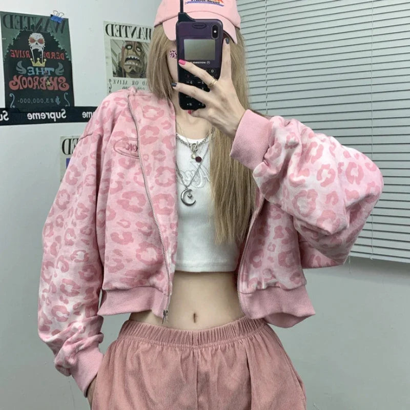 Streetwear Leopard Print Crop Hoodie – Oversized Pink Harajuku Style | Camo Colors