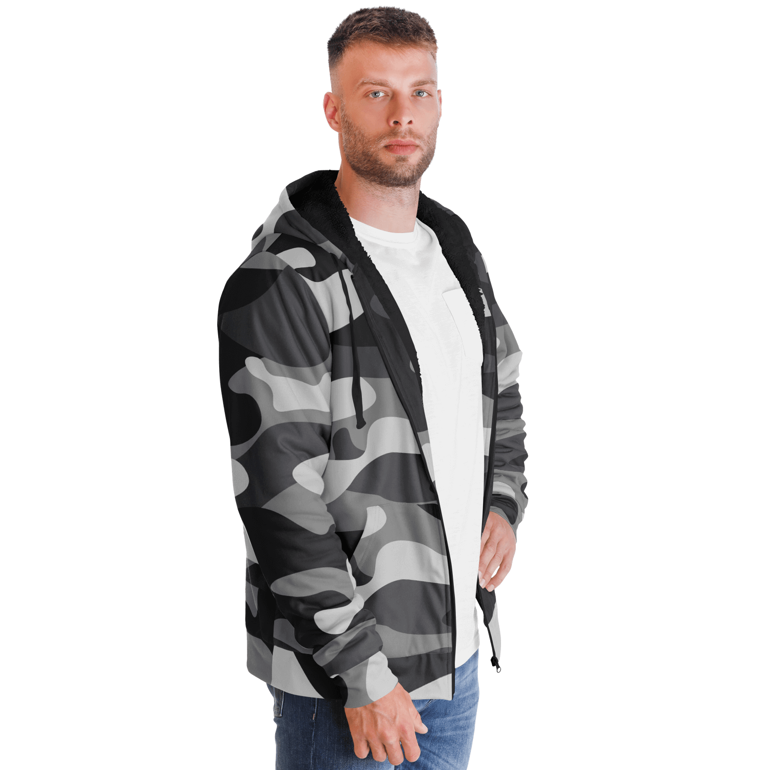 Microfleece Zip Camouflage Hoodie in Shade Of Grey Camo Colors