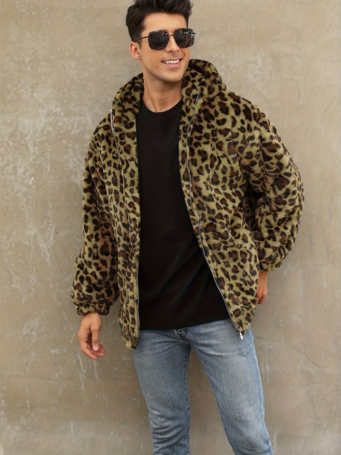 Elegant Men's Leopard Print Faux Fur Hooded Jacket | Camo Colors