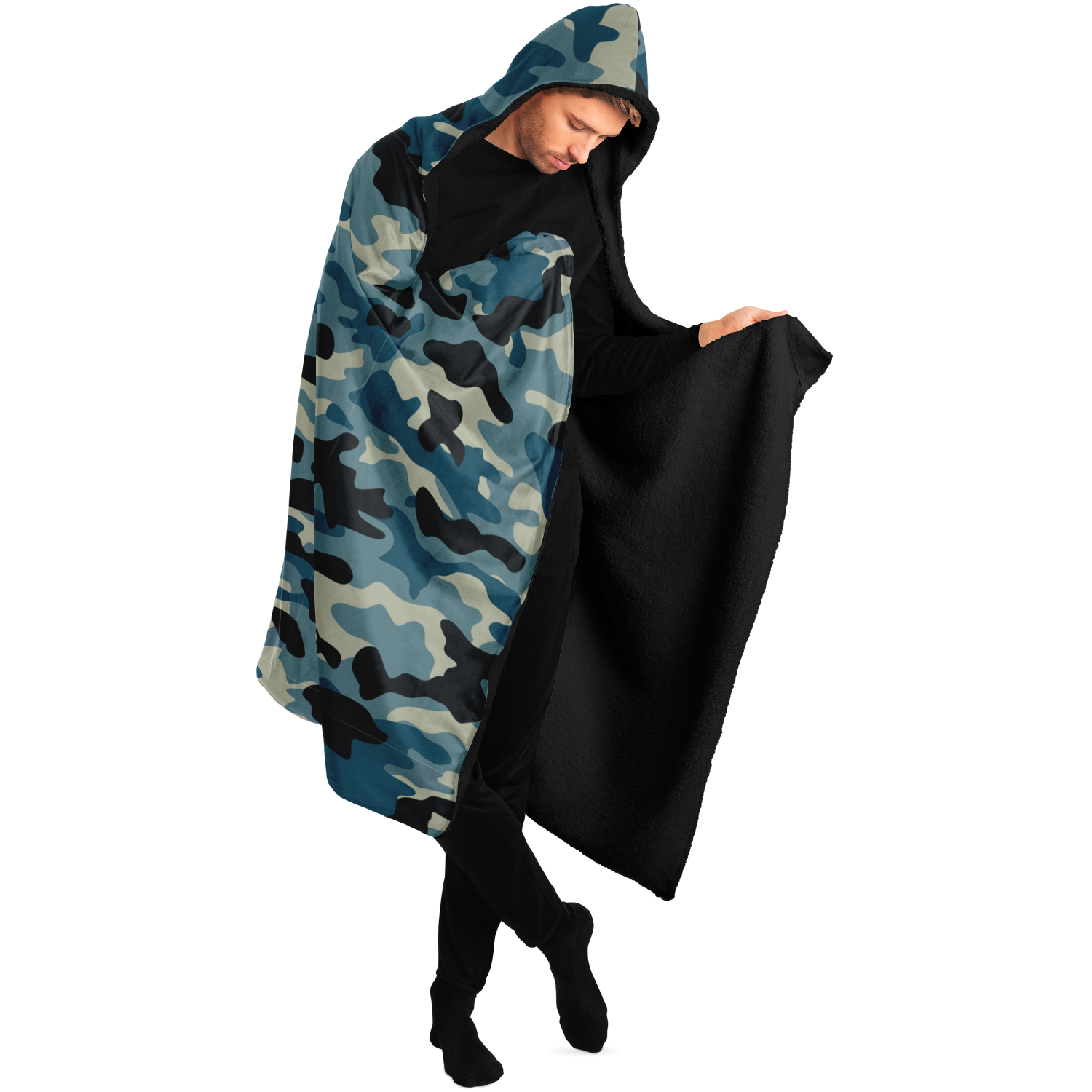 Blanket Hoodie | Blue & Charcoal Camo Print | Microfleece Lining | Camo Colors