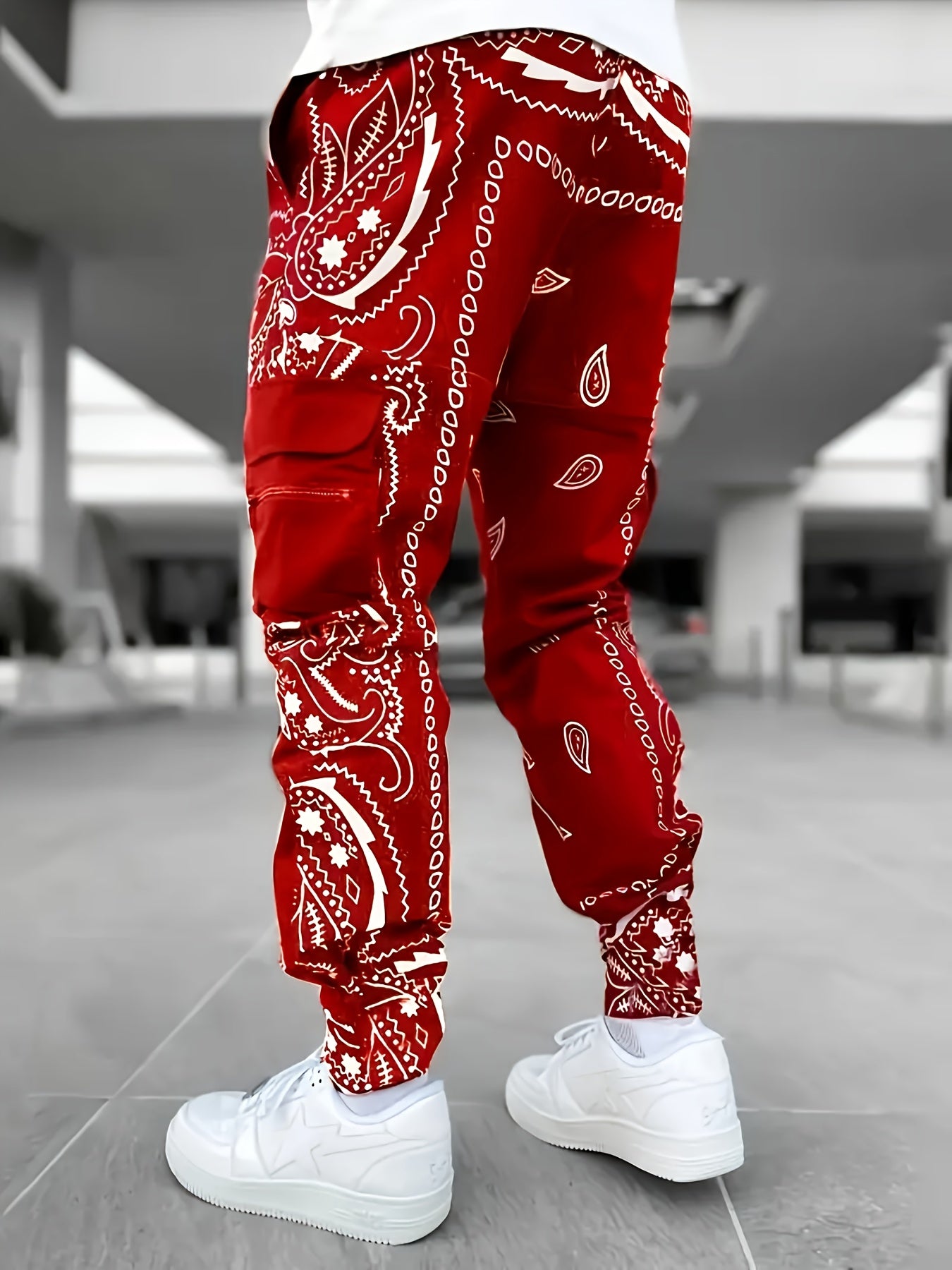 Men's Cashew Flower Multi Pocket Workwear Pants With Zipper Camo Colors