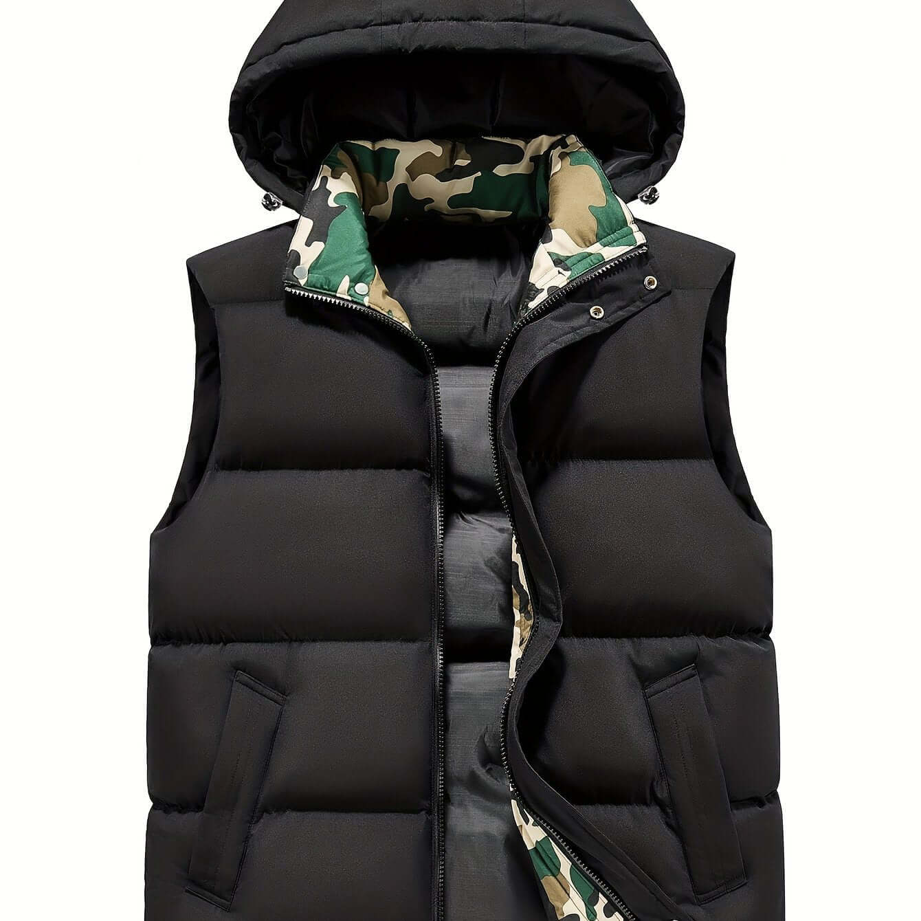 Men's Fleece-Lined Hooded Vest | Stylish Black and Camo Collar Camo Colors
