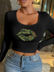 1pc Women's Camouflage Lip Print Crop Top | Round Neck Long Sleeve Short T Camo Colors
