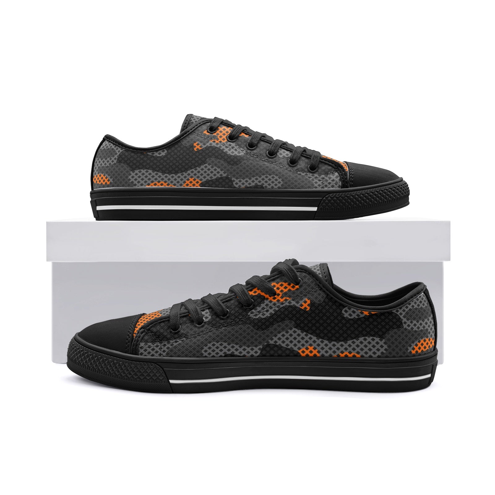 Camo Shoes | Low Top Canvas | Orange & Black Pixel Camo Colors