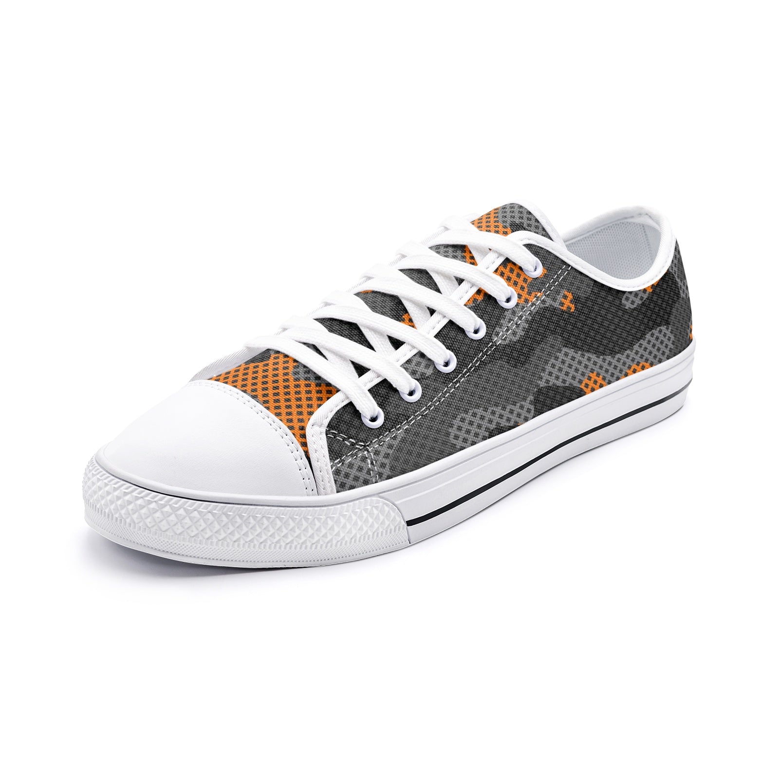 Camo Shoes | Low Top Canvas | Orange & Black Pixel Camo Colors