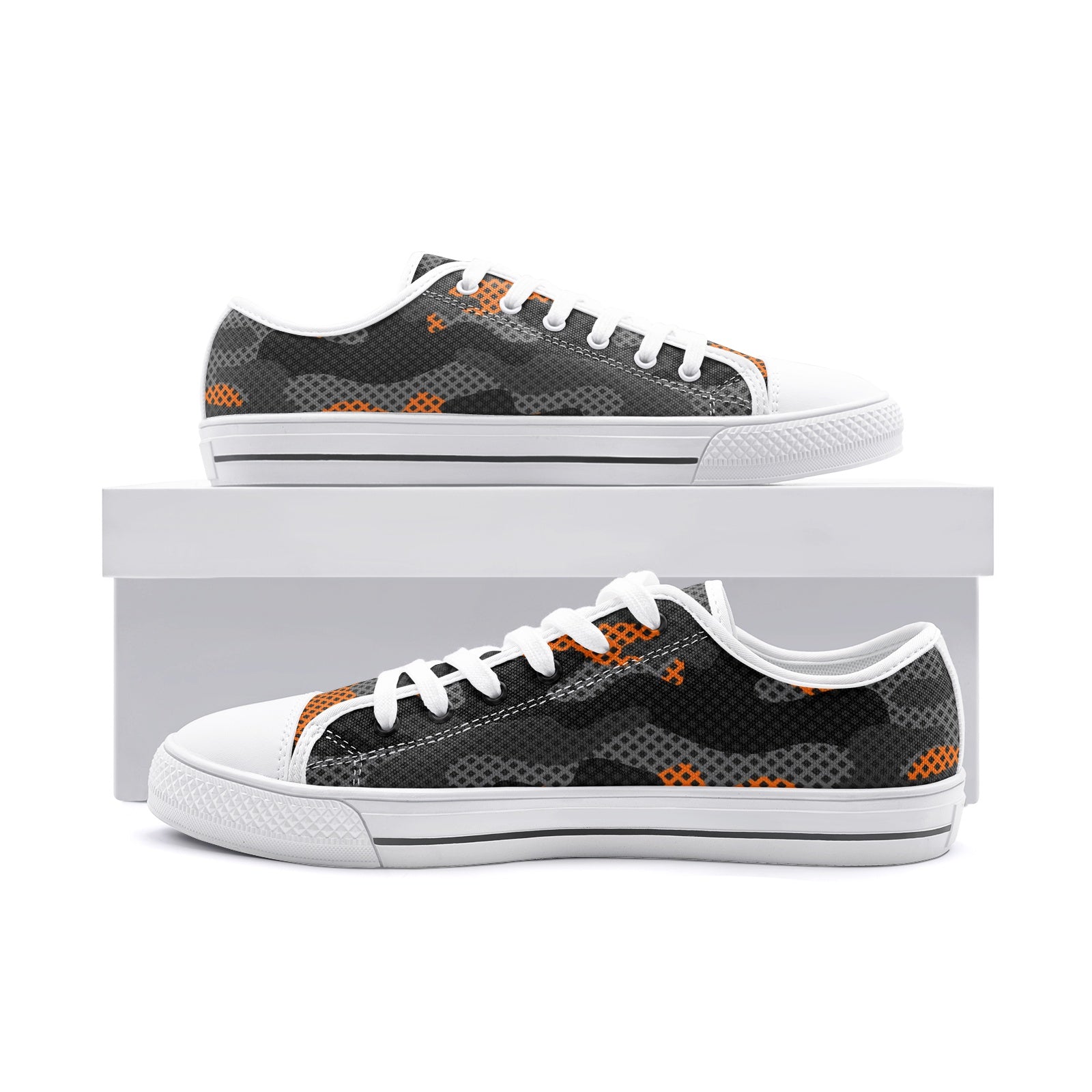 Camo Shoes | Low Top Canvas | Orange & Black Pixel Camo Colors